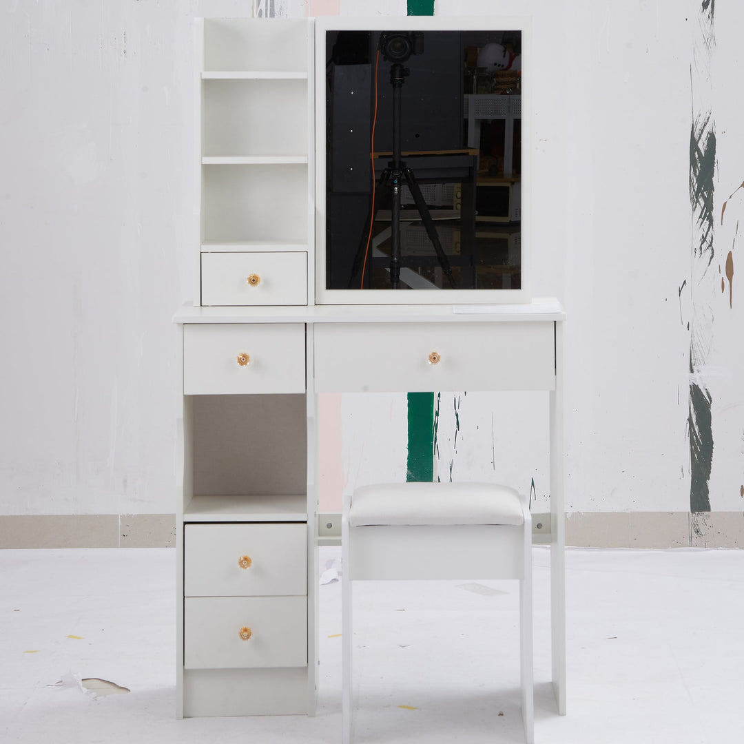 29.2" Compact White Vanity Table with Drawer, Sliding Mirror, and Stool