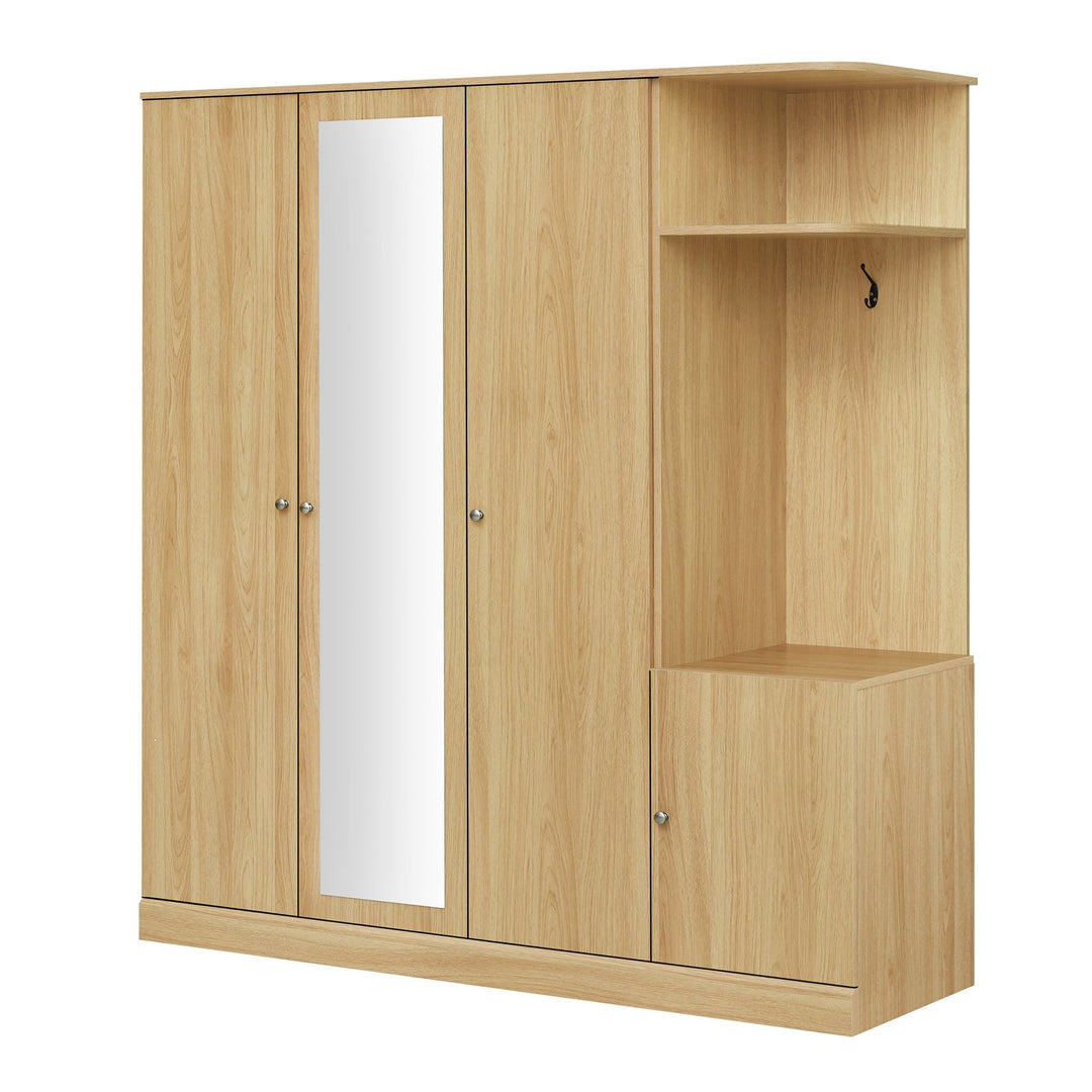 4-Door Natural Wood Wardrobe with Mirror, Shelves, Drawer