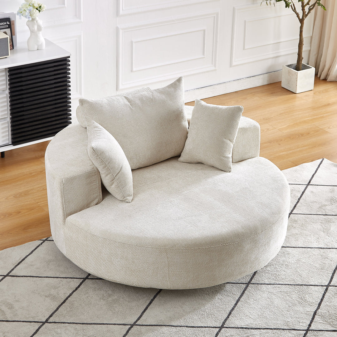 55" Beige Chenille Swivel Chair with Neck Pillow