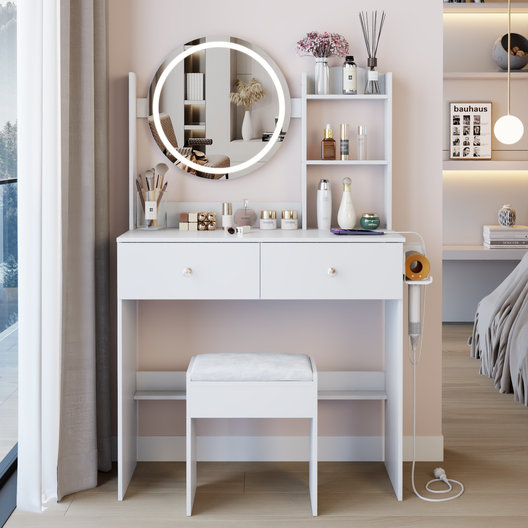 17" Round LED Mirror Vanity Table with Stool & Storage