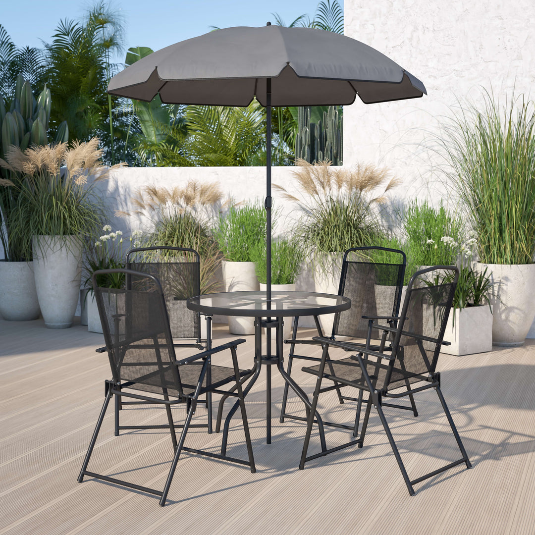 Sierra 6-Piece Black Patio Dining Set with Folding Chairs & Umbrella – Portable Outdoor Garden Table Set