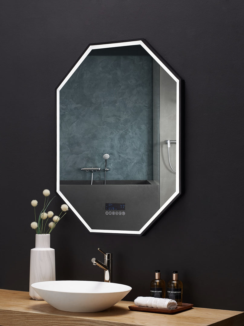 Otto LED Octagon Black Framed Vanity Mirror with Bluetooth & Display