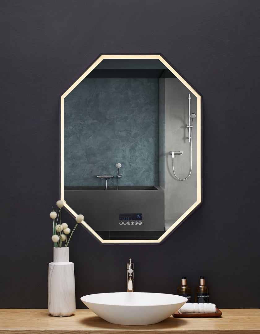 Otto LED Octagon Black Framed Vanity Mirror with Bluetooth & Display