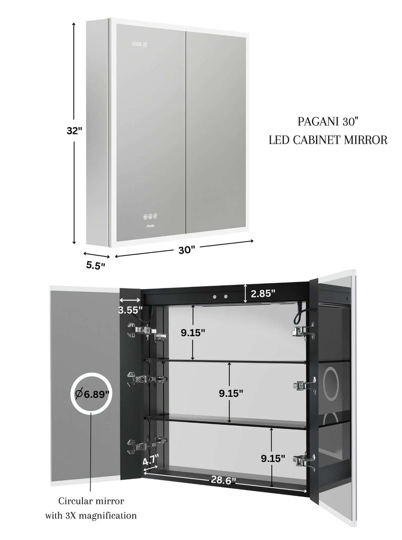 Pagani LED Mirror Cabinet with Defogger, Dimmer & USB - 24-48"