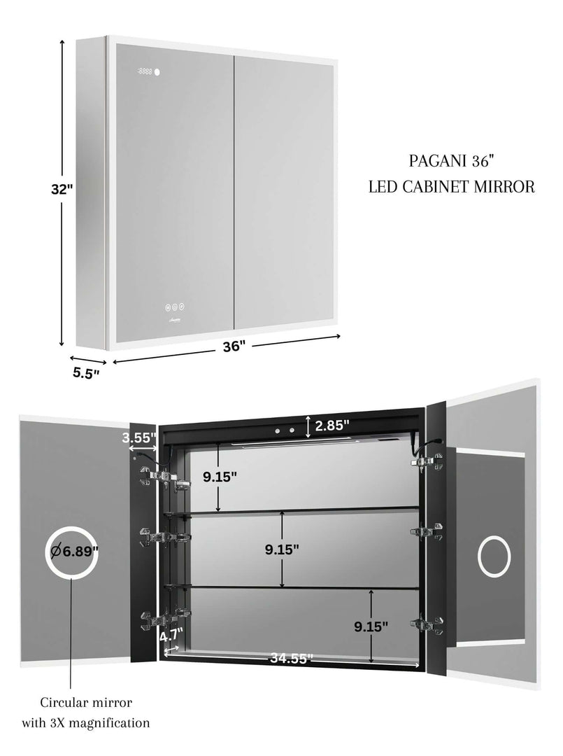 Pagani LED Mirror Cabinet with Defogger, Dimmer & USB - 24-48"