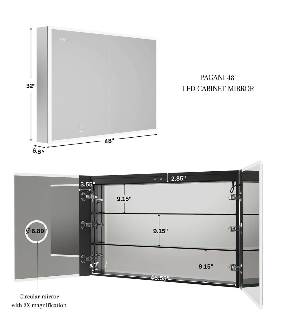 Pagani LED Mirror Cabinet with Defogger, Dimmer & USB - 24-48"