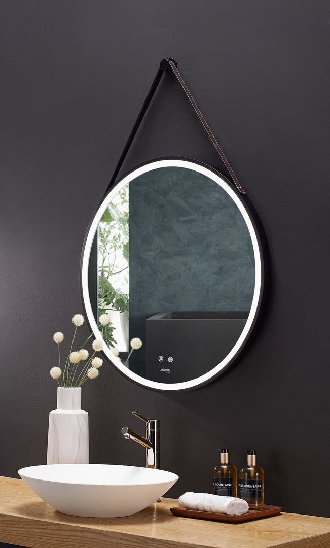 Sangle Round LED Black Framed Mirror with Vegan Leather Strap