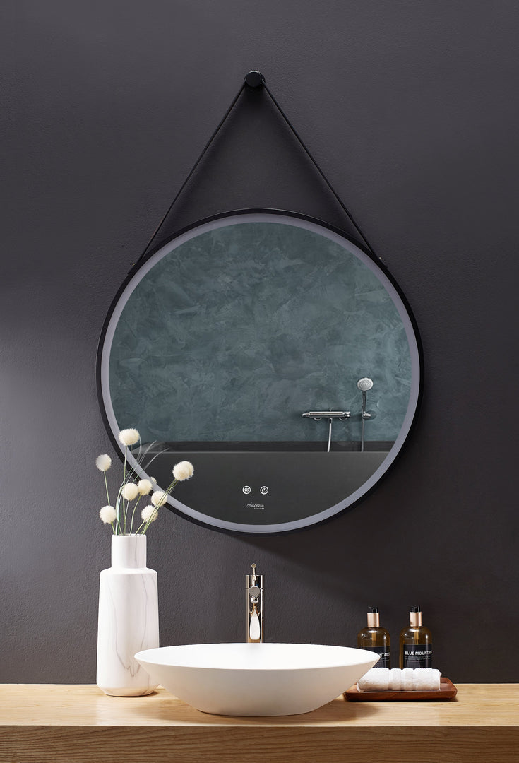 Sangle Round LED Black Framed Mirror with Vegan Leather Strap