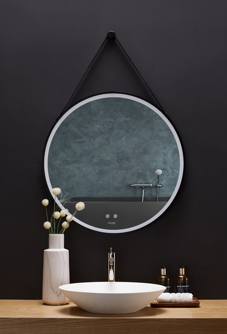 Sangle Round LED Black Framed Mirror with Vegan Leather Strap