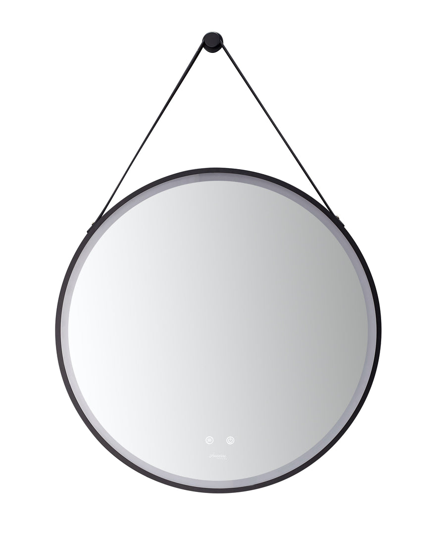 Sangle Round LED Black Framed Mirror with Vegan Leather Strap