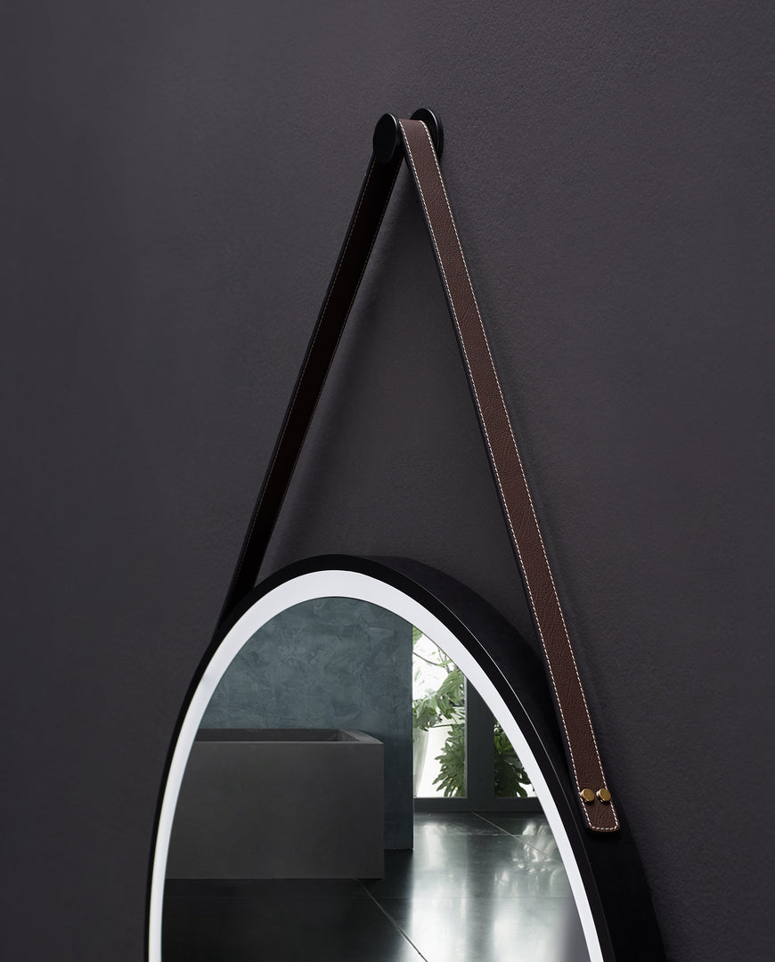Sangle Round LED Black Framed Mirror with Vegan Leather Strap