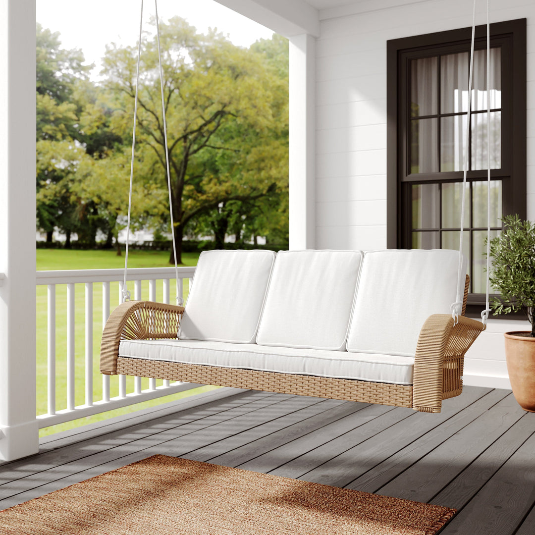 Lucca Wicker Porch Swing with Cushions – Natural Rope & Olefin Fabric