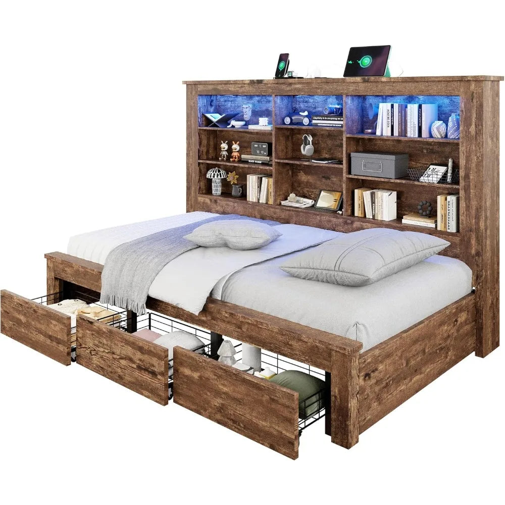 Twin Daybed with Bookcase Headboard, USB-C, RGB Lights, 3 Drawers, White