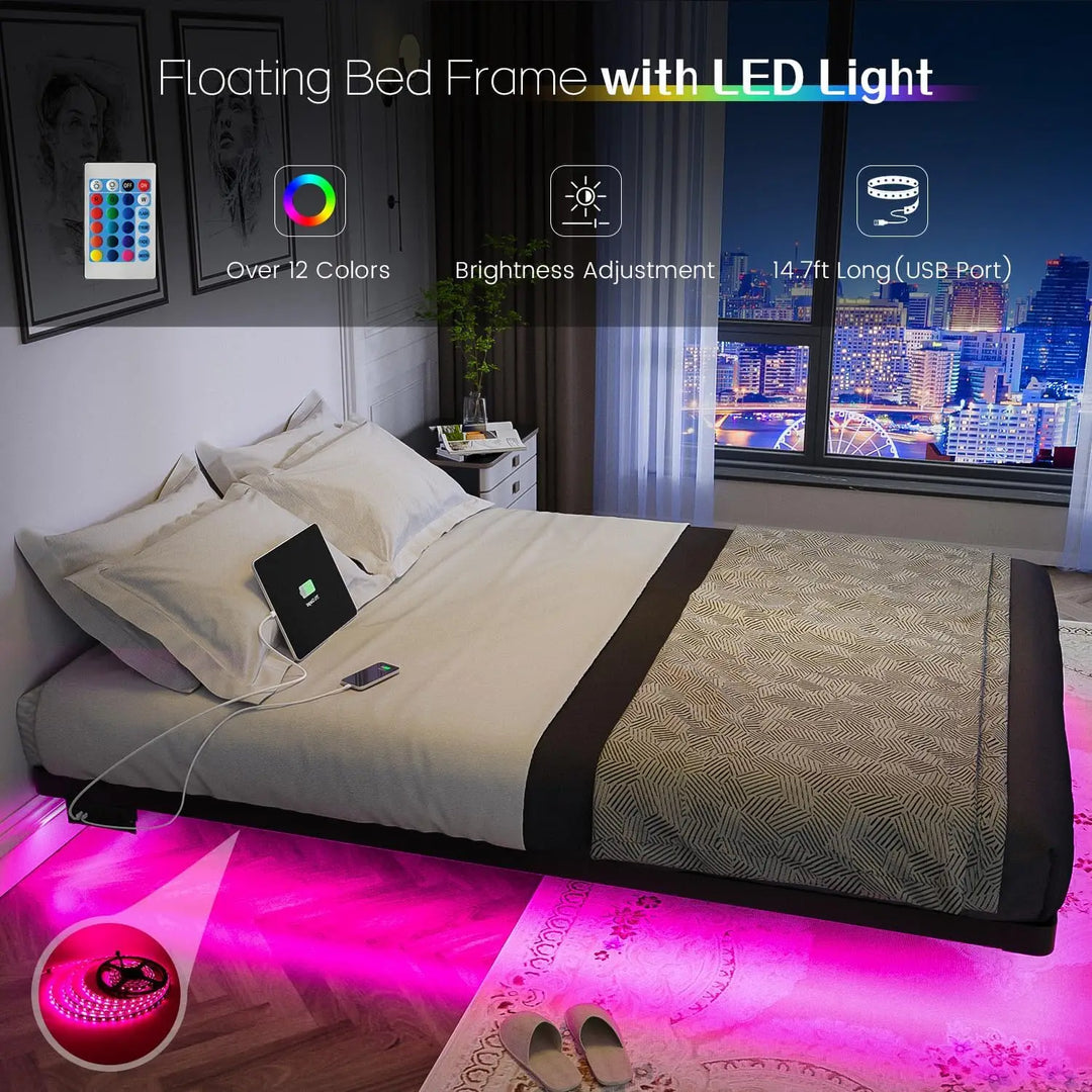 Queen Floating Bed Frame with Smart LED Lights, Charging Station