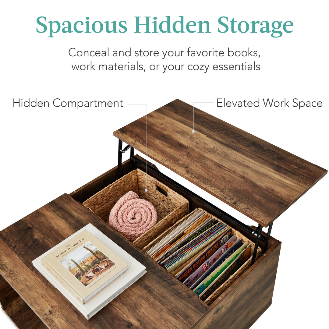 Square Rustic Modern Lift Top Coffee Table with Cubby