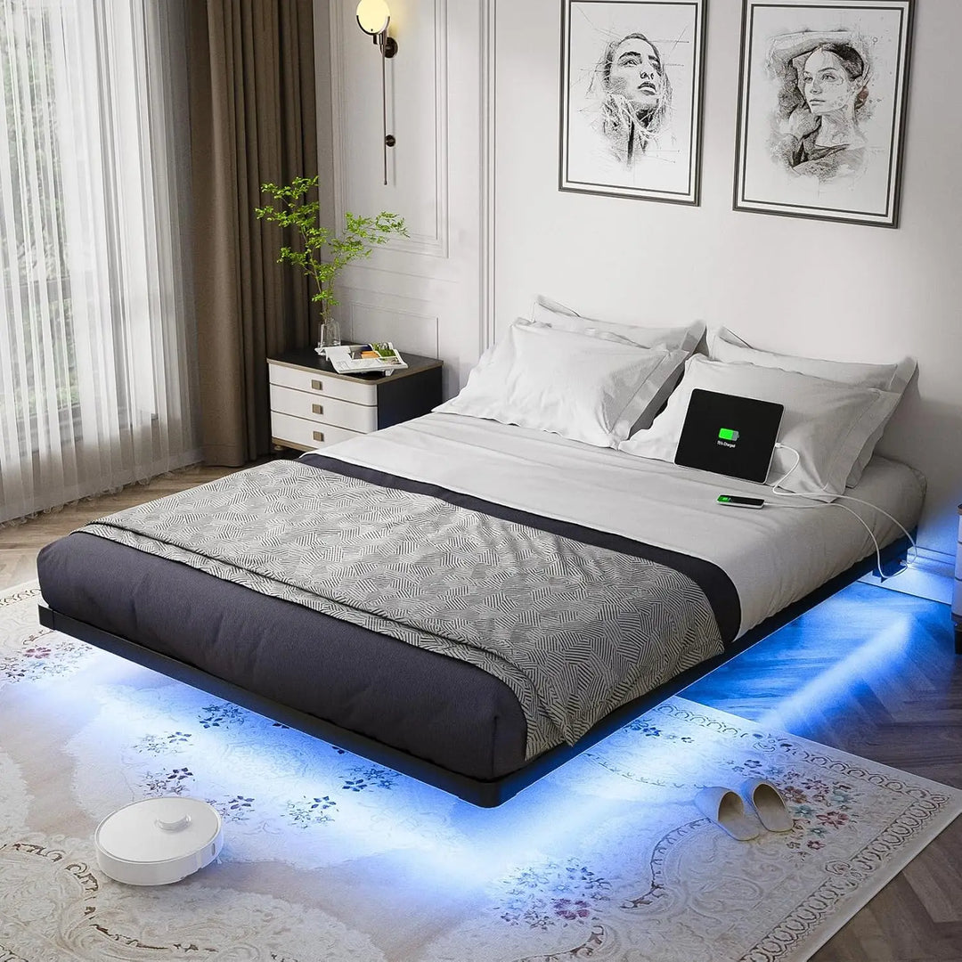 Queen Floating Bed Frame with Smart LED Lights, Charging Station