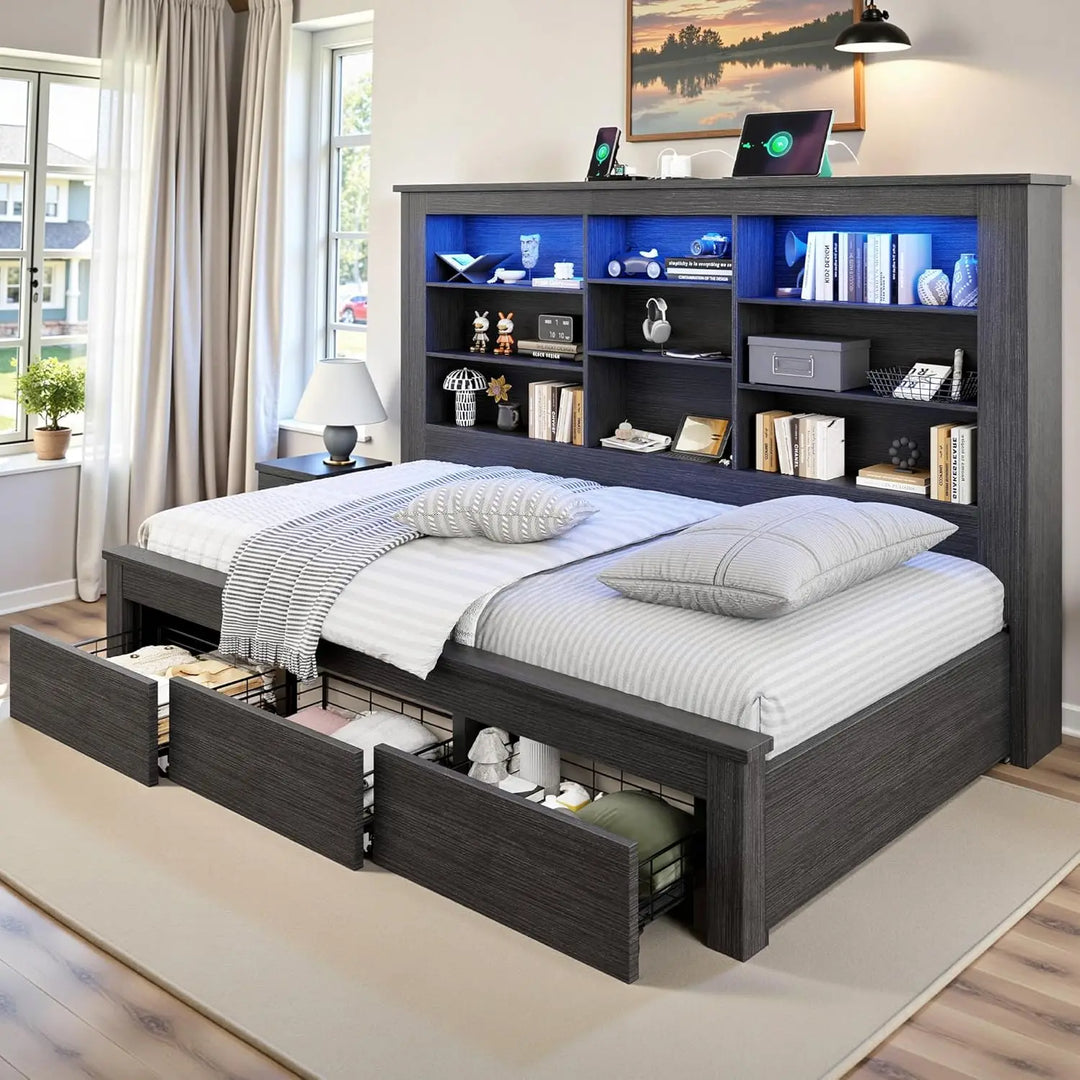 Twin Daybed with Bookcase Headboard, USB-C, RGB Lights, 3 Drawers, White