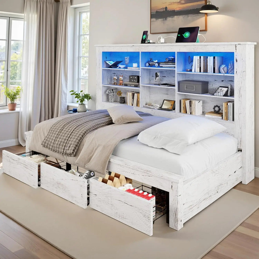 Twin Daybed with Bookcase Headboard, USB-C, RGB Lights, 3 Drawers, White