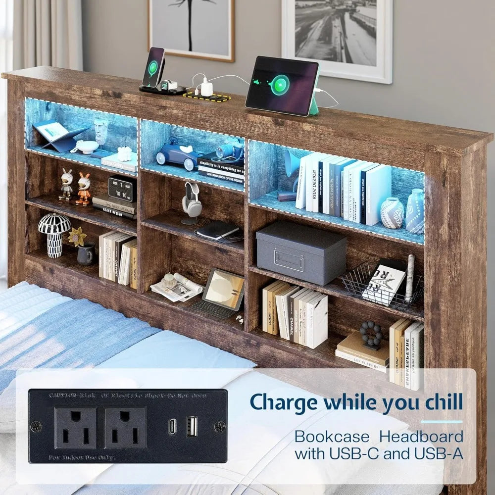 Twin Daybed with Bookcase Headboard, USB-C, RGB Lights, 3 Drawers, White