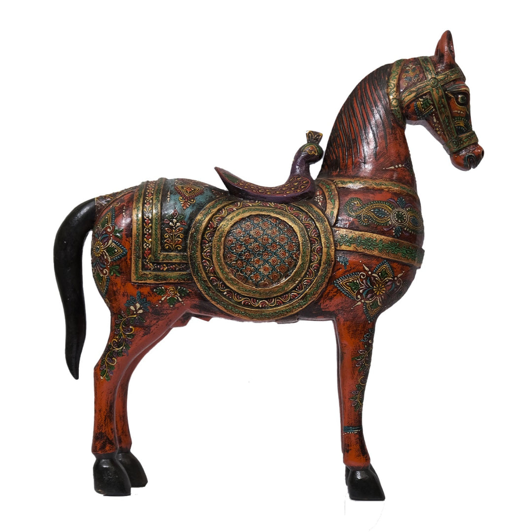 Hand-Painted Wooden Horse Statue – 24" Tall Artisan Sculpture