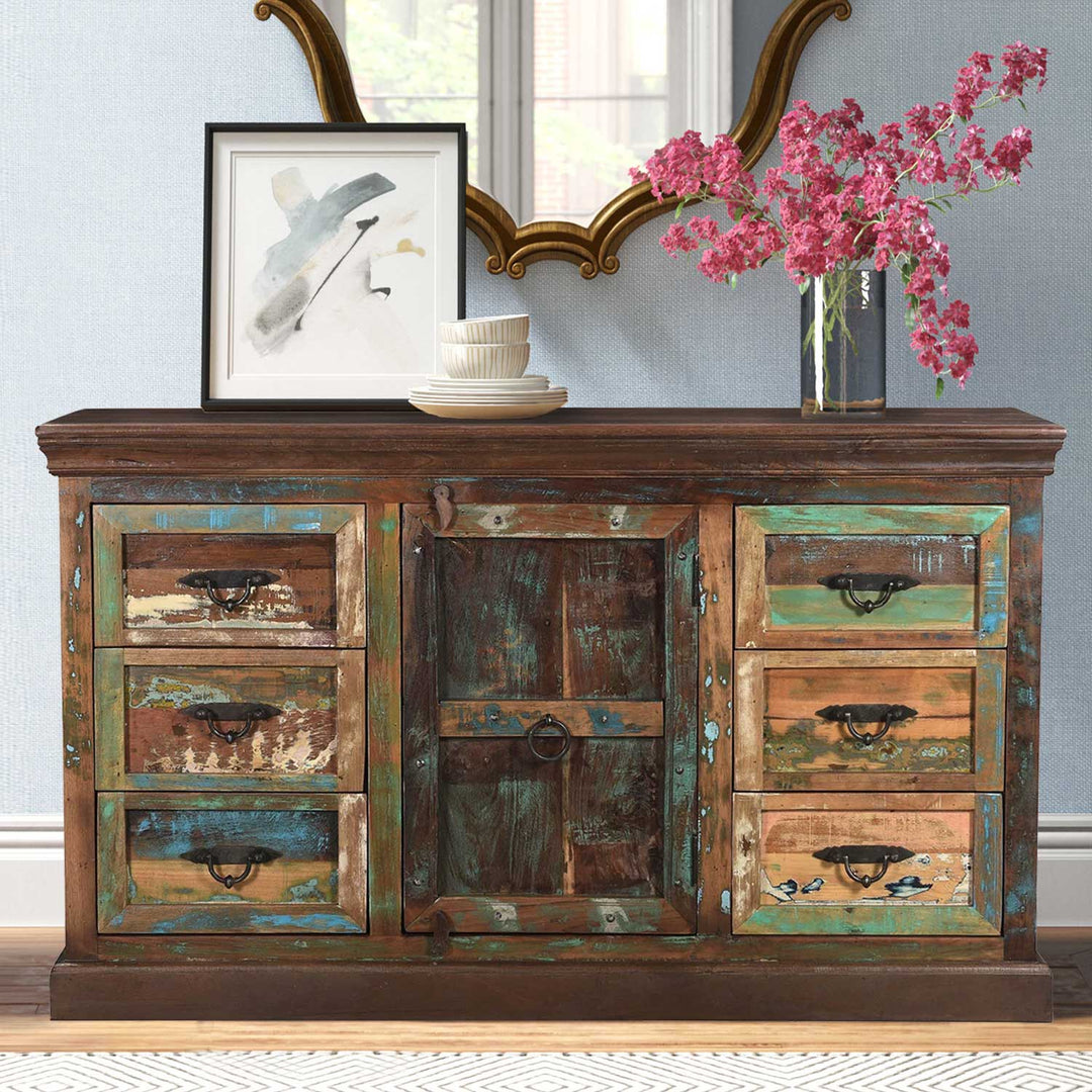 Farmhouse Distressed Wood Dresser – 6 Drawers + Center Door