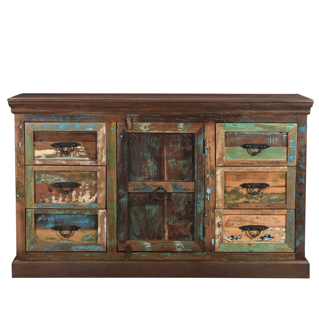 Farmhouse Distressed Wood Dresser – 6 Drawers + Center Door