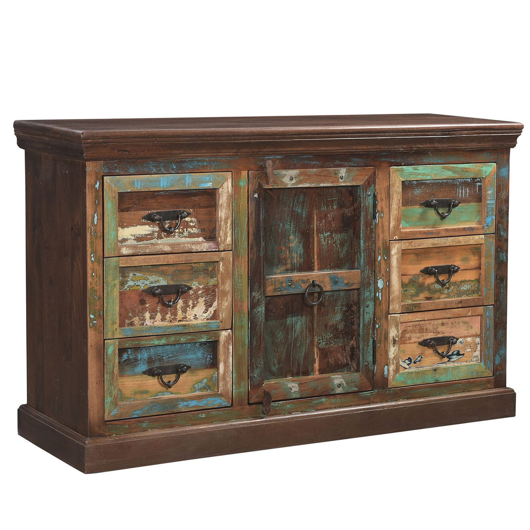 Farmhouse Distressed Wood Dresser – 6 Drawers + Center Door