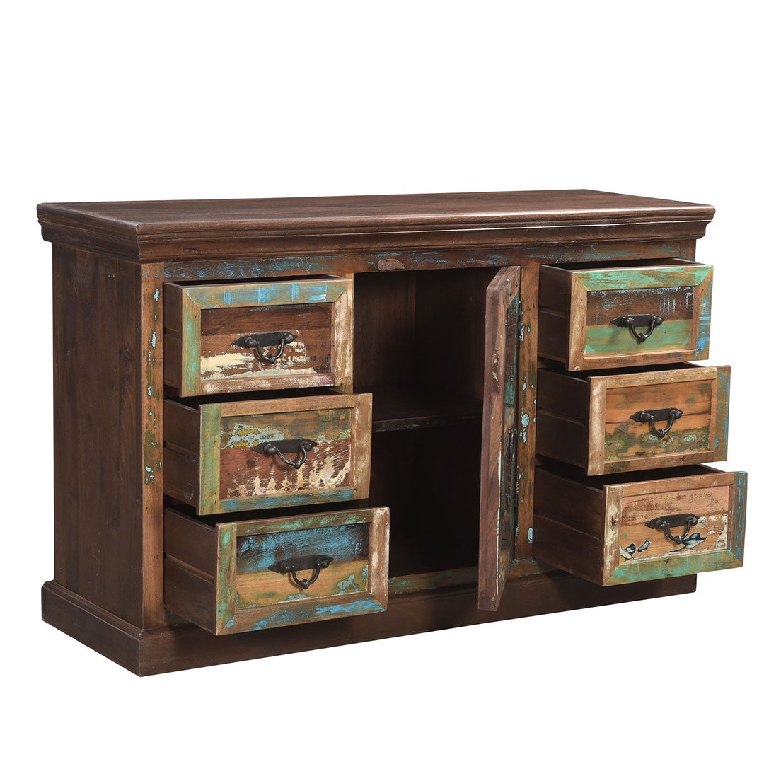 Farmhouse Distressed Wood Dresser – 6 Drawers + Center Door