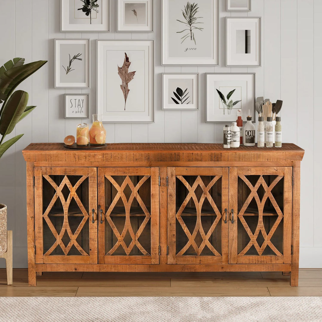 Farmhouse 80" Solid Mango Wood Credenza with Glass Doors