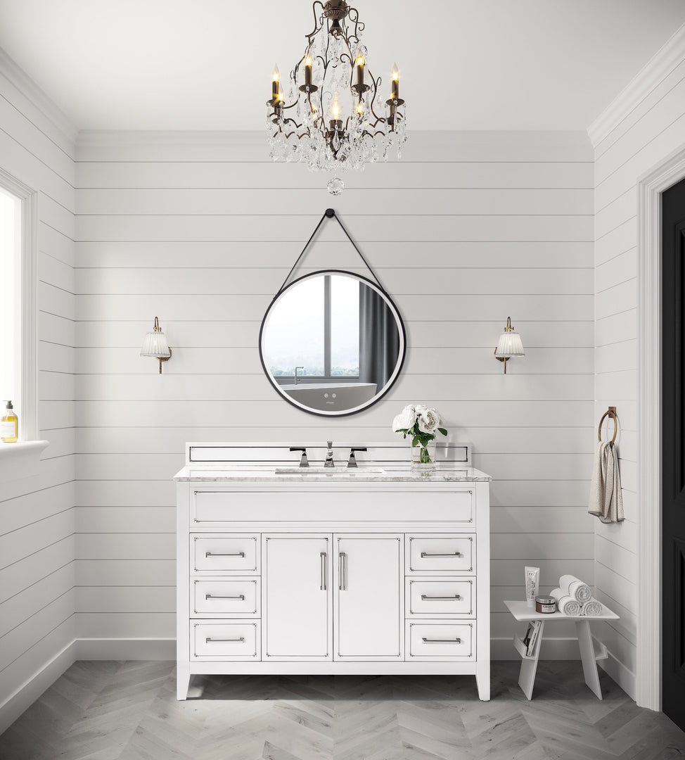 Sangle Round LED Black Framed Mirror with Vegan Leather Strap