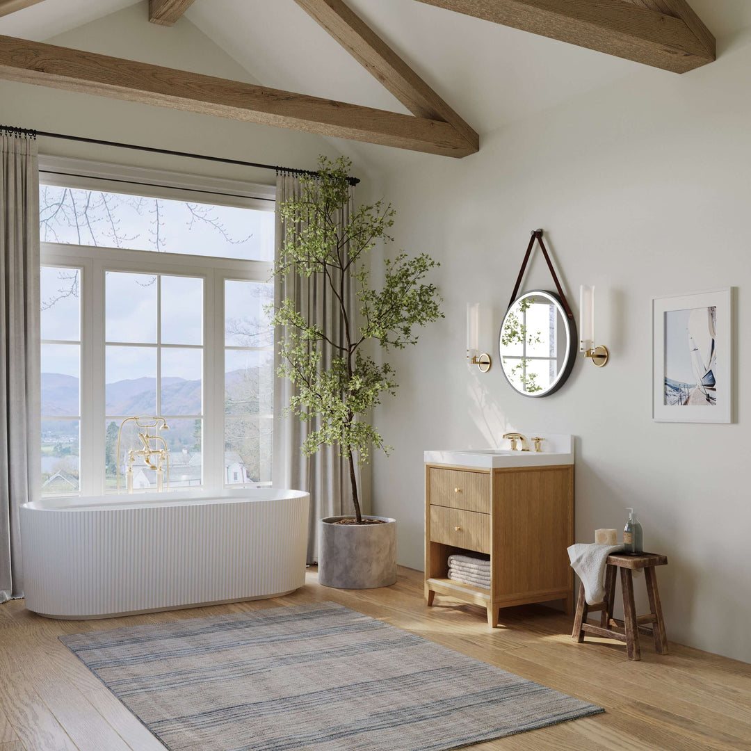 Momo Modern Oak Vanity with White Quartz Top & Gold Knobs