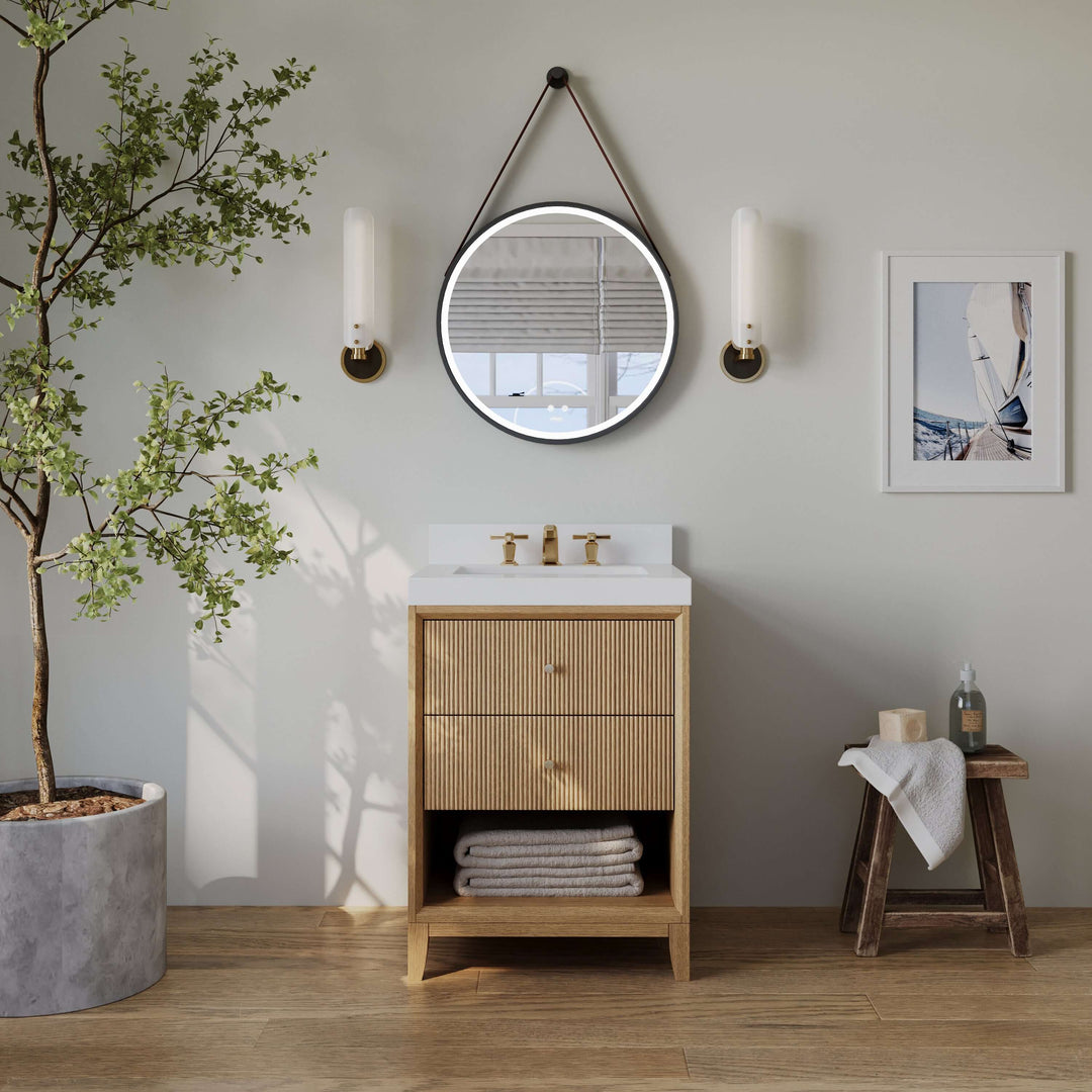 Momo Modern Oak Vanity with White Quartz Top & Gold Knobs