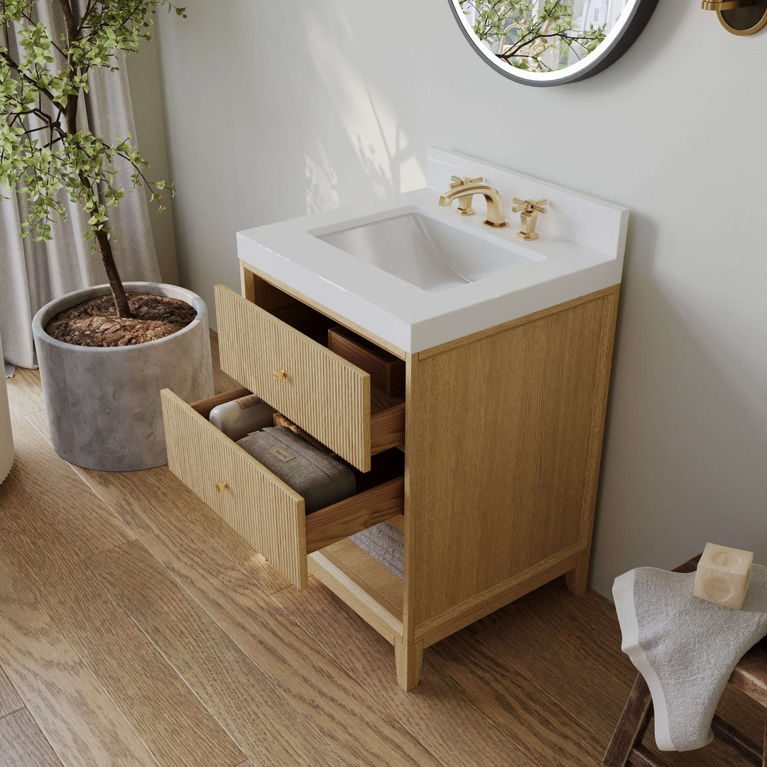 Momo Modern Oak Vanity with White Quartz Top & Gold Knobs