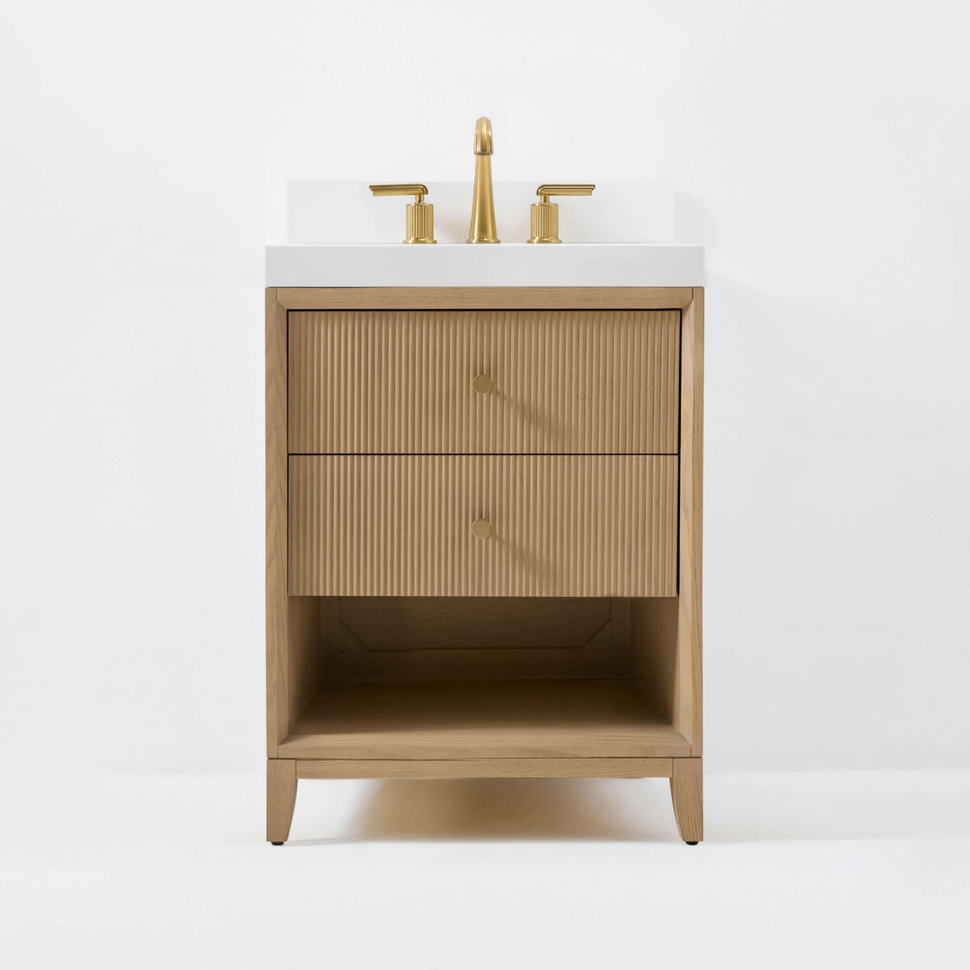 Momo Modern Oak Vanity with White Quartz Top & Gold Knobs