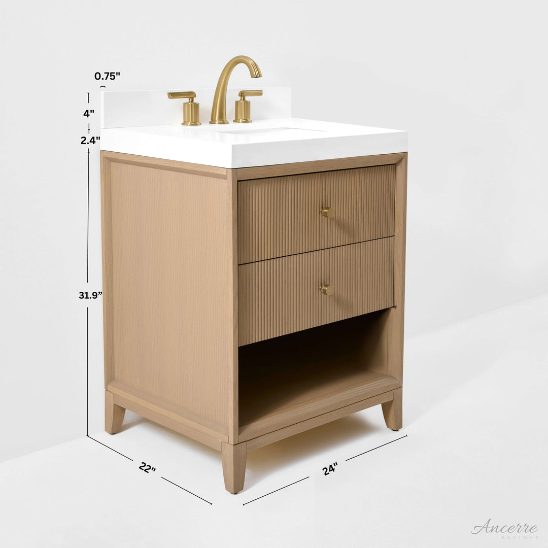 Momo Modern Oak Vanity with White Quartz Top & Gold Knobs
