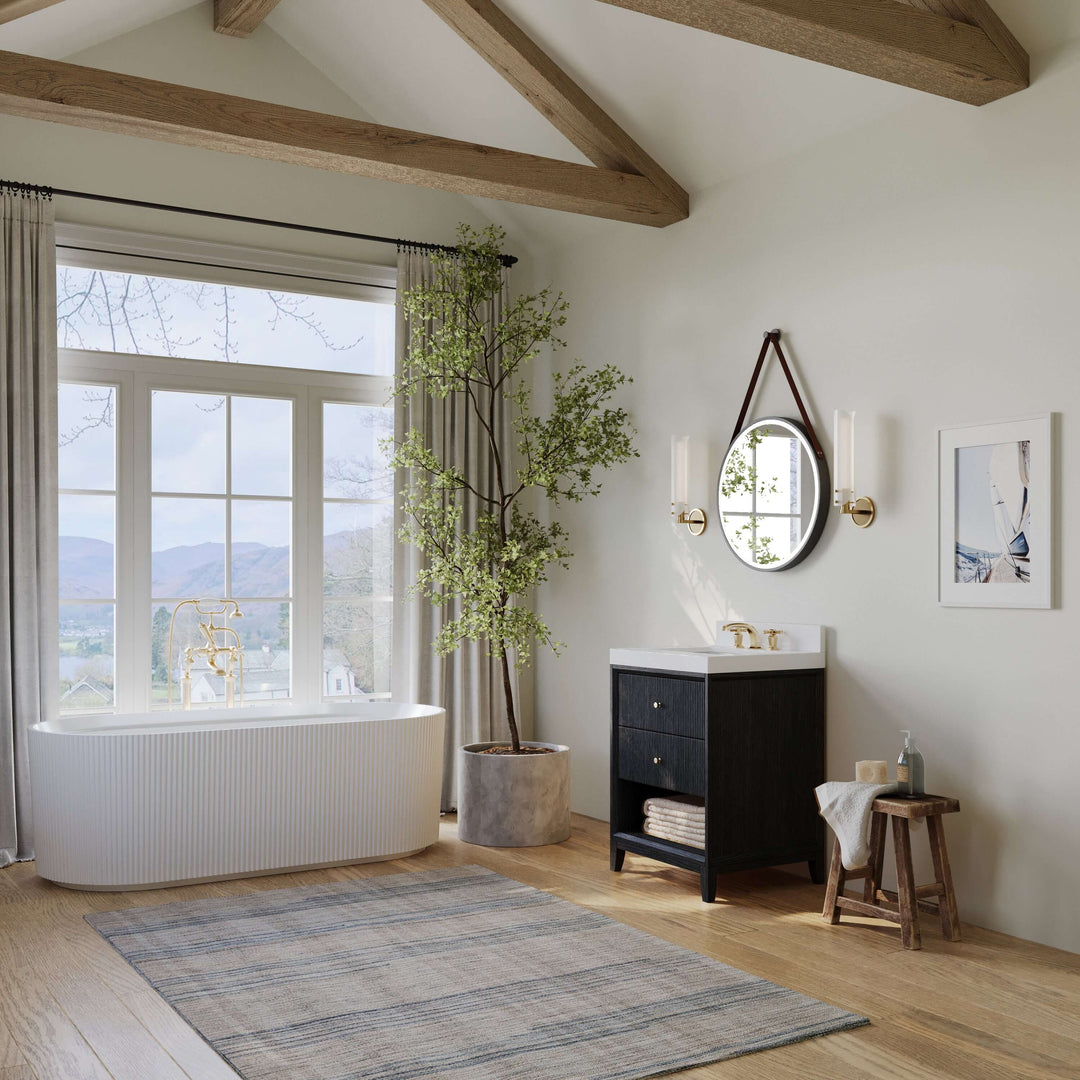 Momo Modern Oak Vanity with White Quartz Top & Gold Knobs