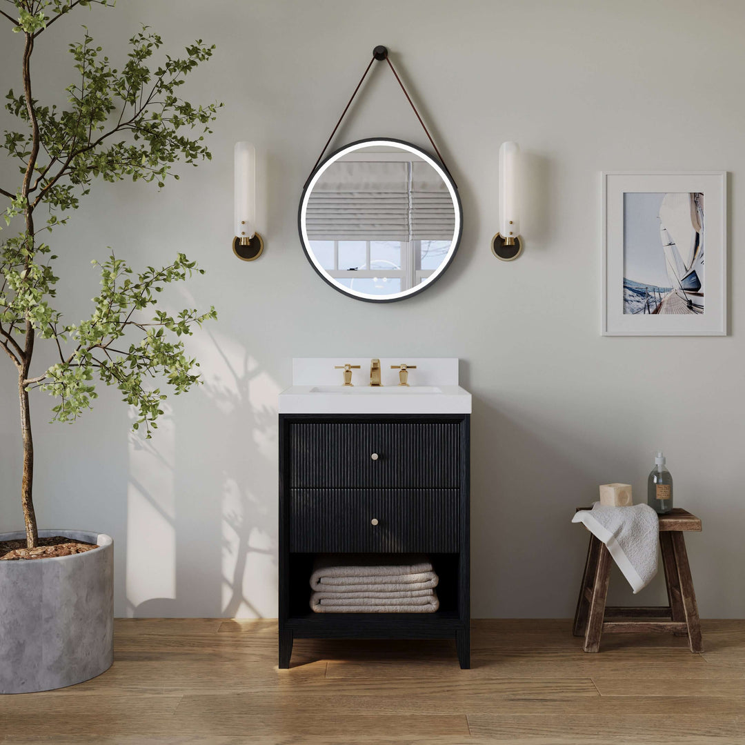 Momo Modern Oak Vanity with White Quartz Top & Gold Knobs
