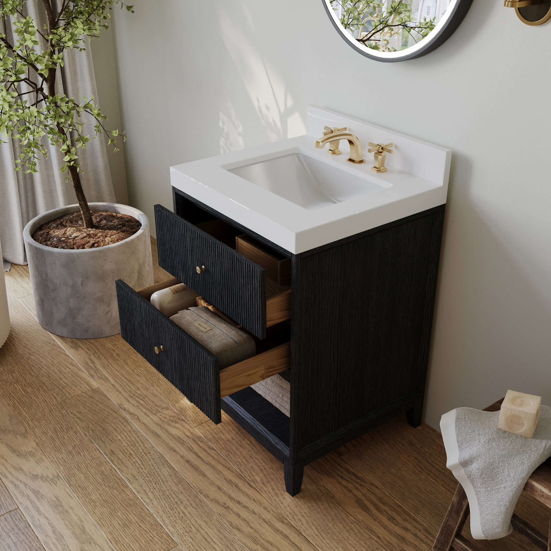 Momo Modern Oak Vanity with White Quartz Top & Gold Knobs