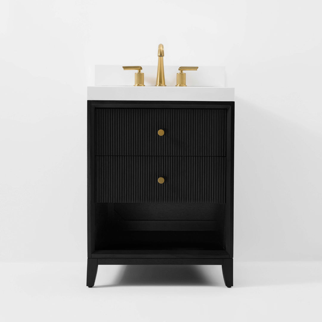 Momo Modern Oak Vanity with White Quartz Top & Gold Knobs