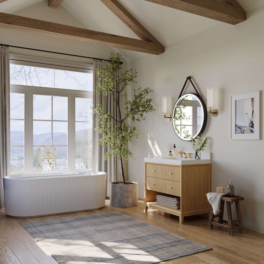 Momo Modern Oak Vanity with White Quartz Top & Gold Knobs