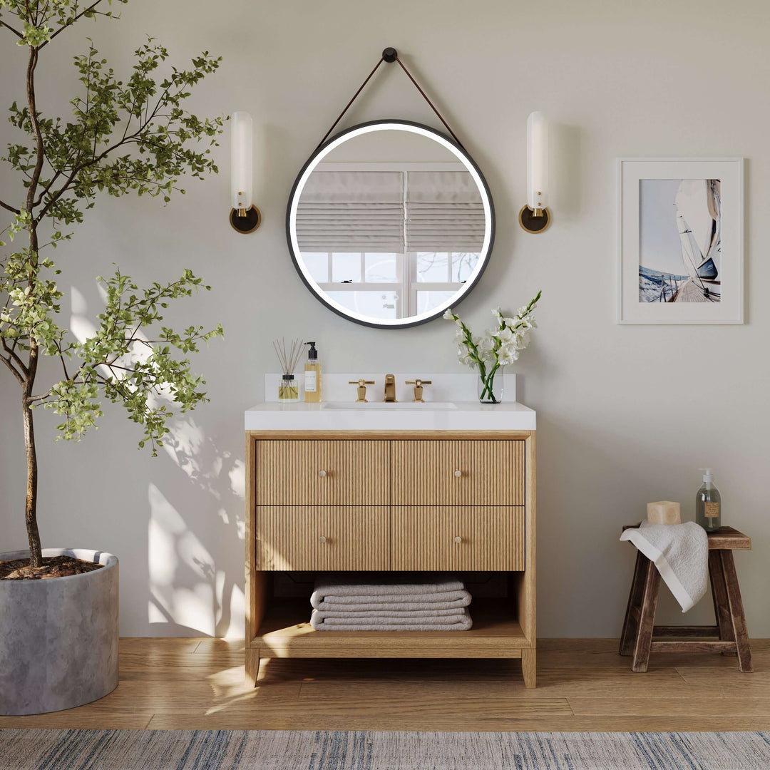 Momo Modern Oak Vanity with White Quartz Top & Gold Knobs
