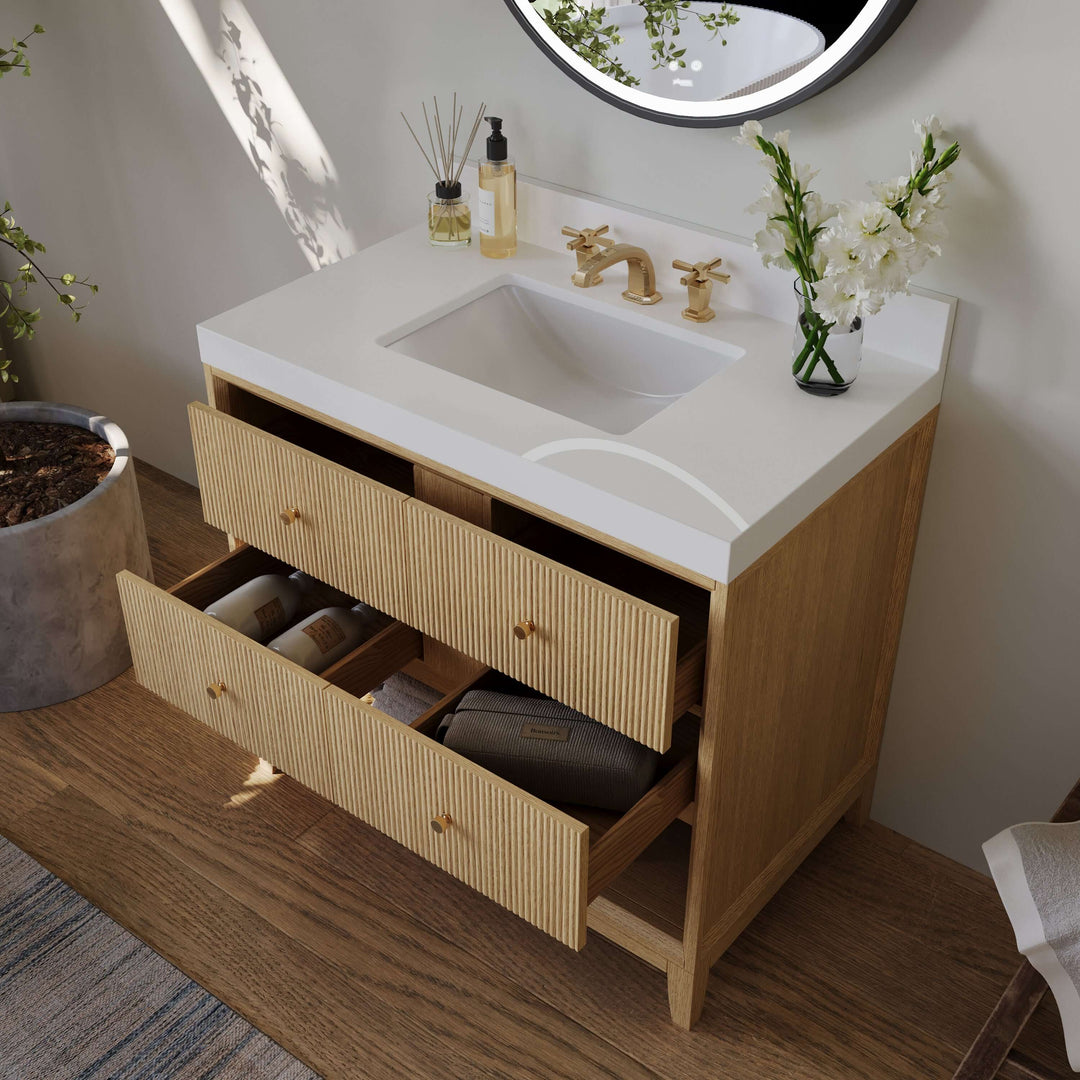 Momo Modern Oak Vanity with White Quartz Top & Gold Knobs