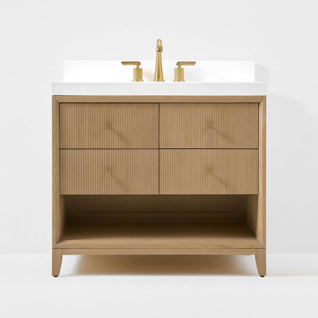 Momo Modern Oak Vanity with White Quartz Top & Gold Knobs