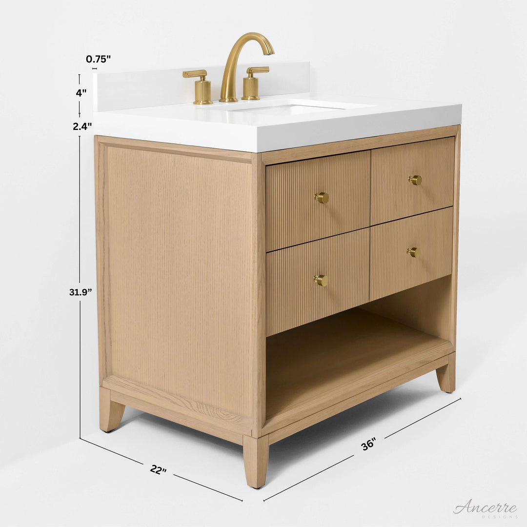 Momo Modern Oak Vanity with White Quartz Top & Gold Knobs