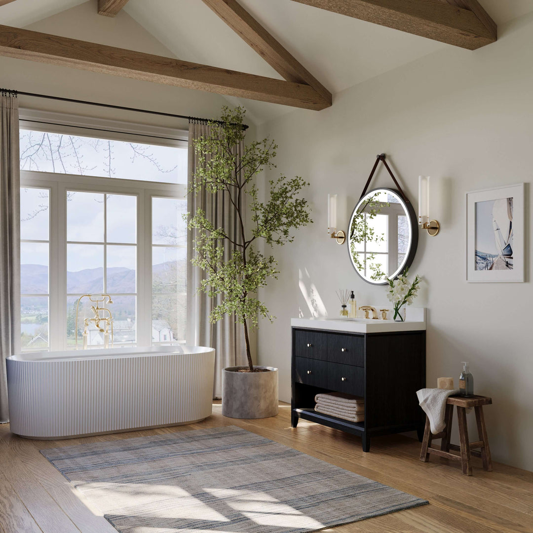 Momo Modern Oak Vanity with White Quartz Top & Gold Knobs