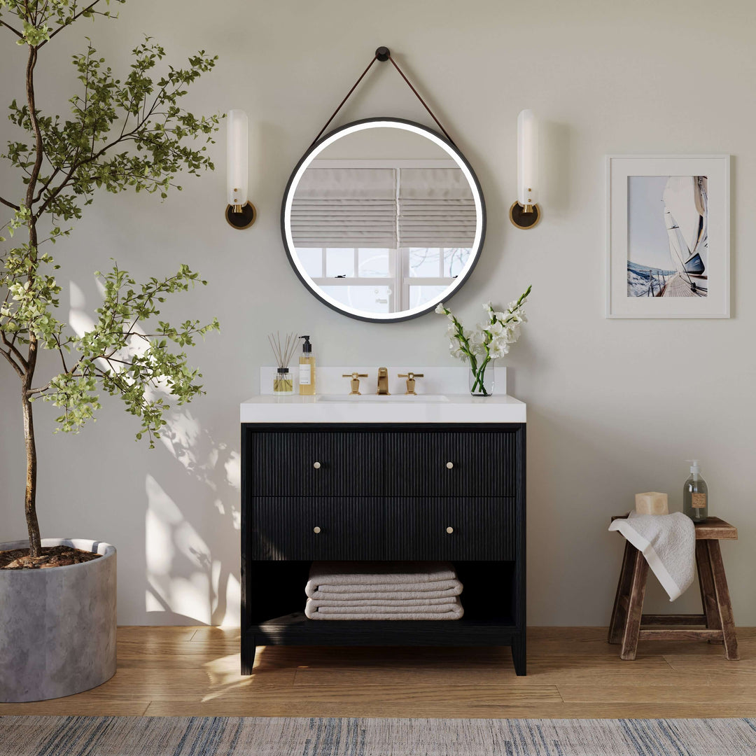 Momo Modern Oak Vanity with White Quartz Top & Gold Knobs