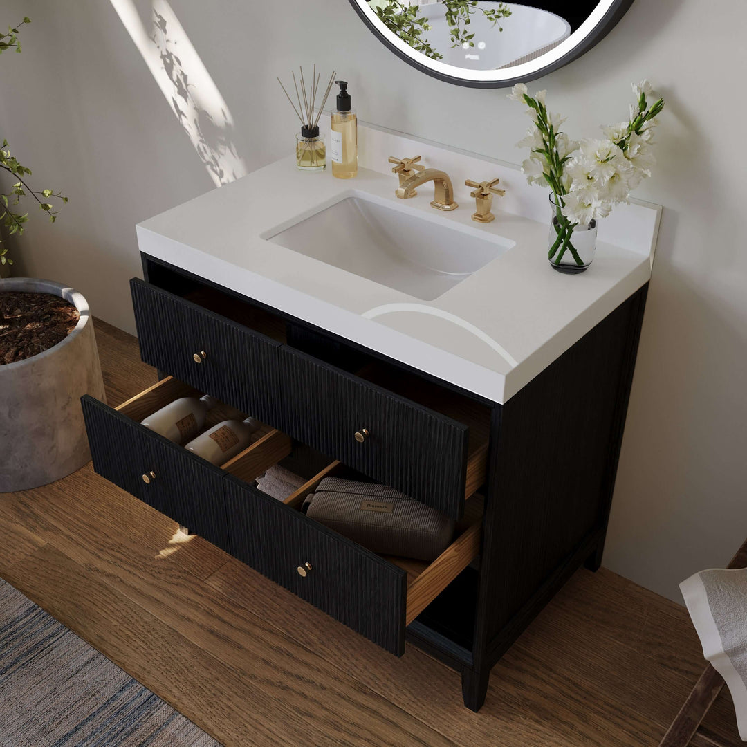 Momo Modern Oak Vanity with White Quartz Top & Gold Knobs