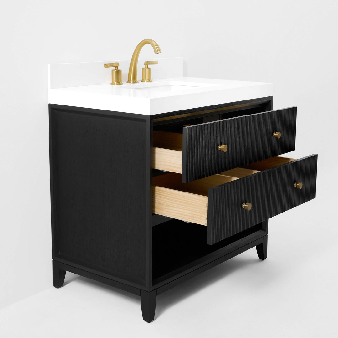 Momo Modern Oak Vanity with White Quartz Top & Gold Knobs