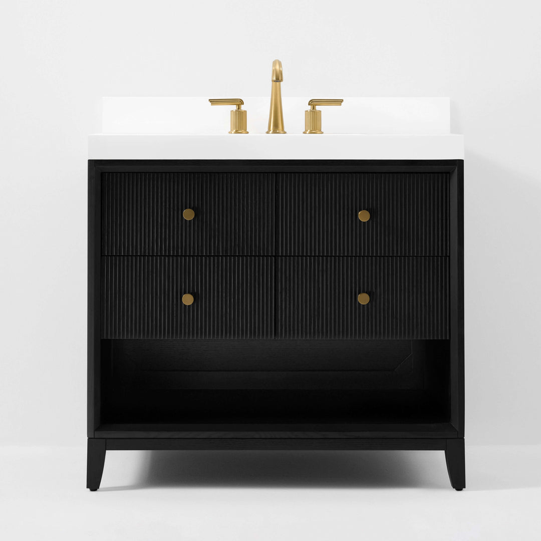 Momo Modern Oak Vanity with White Quartz Top & Gold Knobs