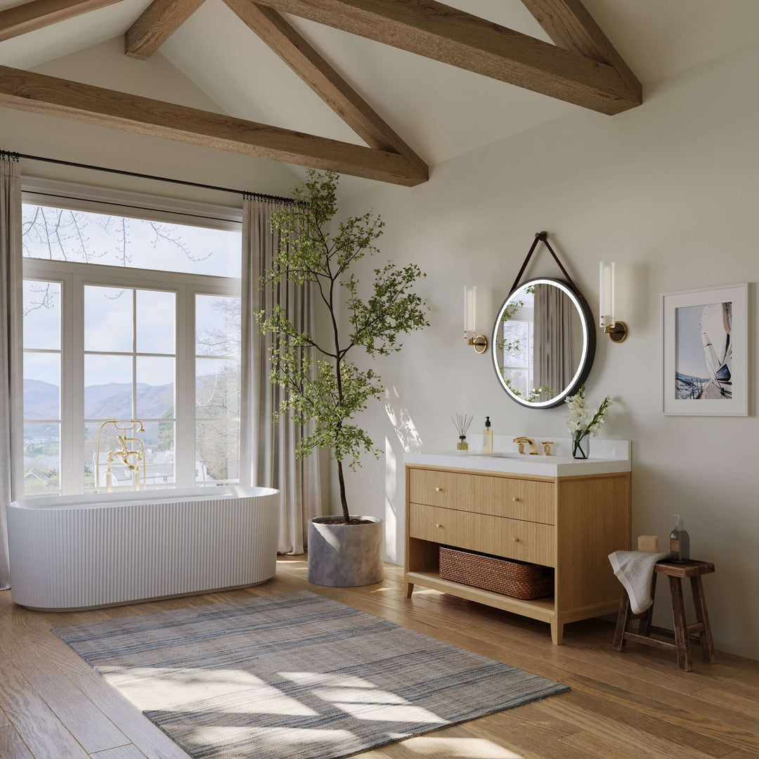 Momo Modern Oak Vanity with White Quartz Top & Gold Knobs